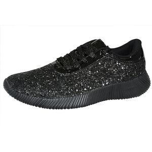Women Glitter Lace-Up Shoes Metallic Lightweight Sneakers (Black, 7 B(M) US)